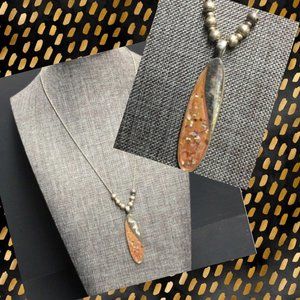 Long Oval Necklace Silver Pendant Amber Peach Sparkle Bead Retro BoHo Soft Girl